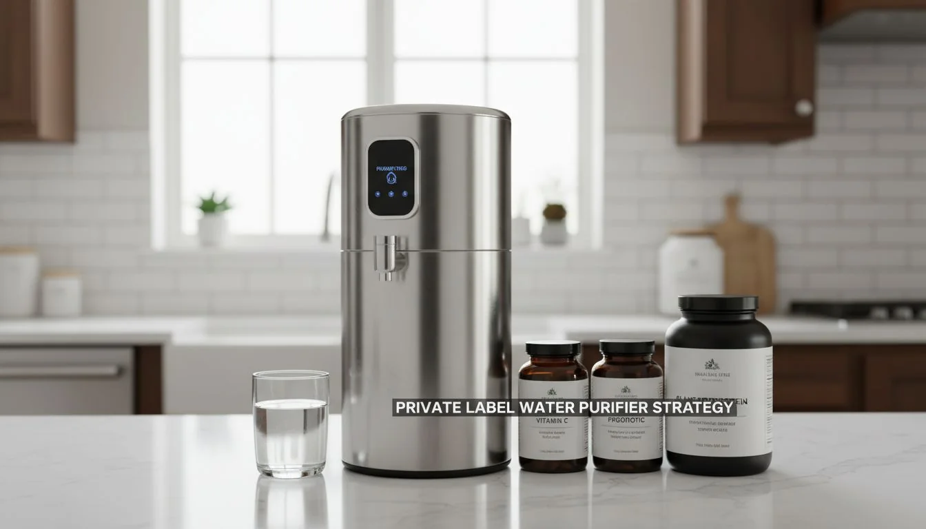 premium stainless steel water purifier on a modern kitchen counter next to wellness supplements