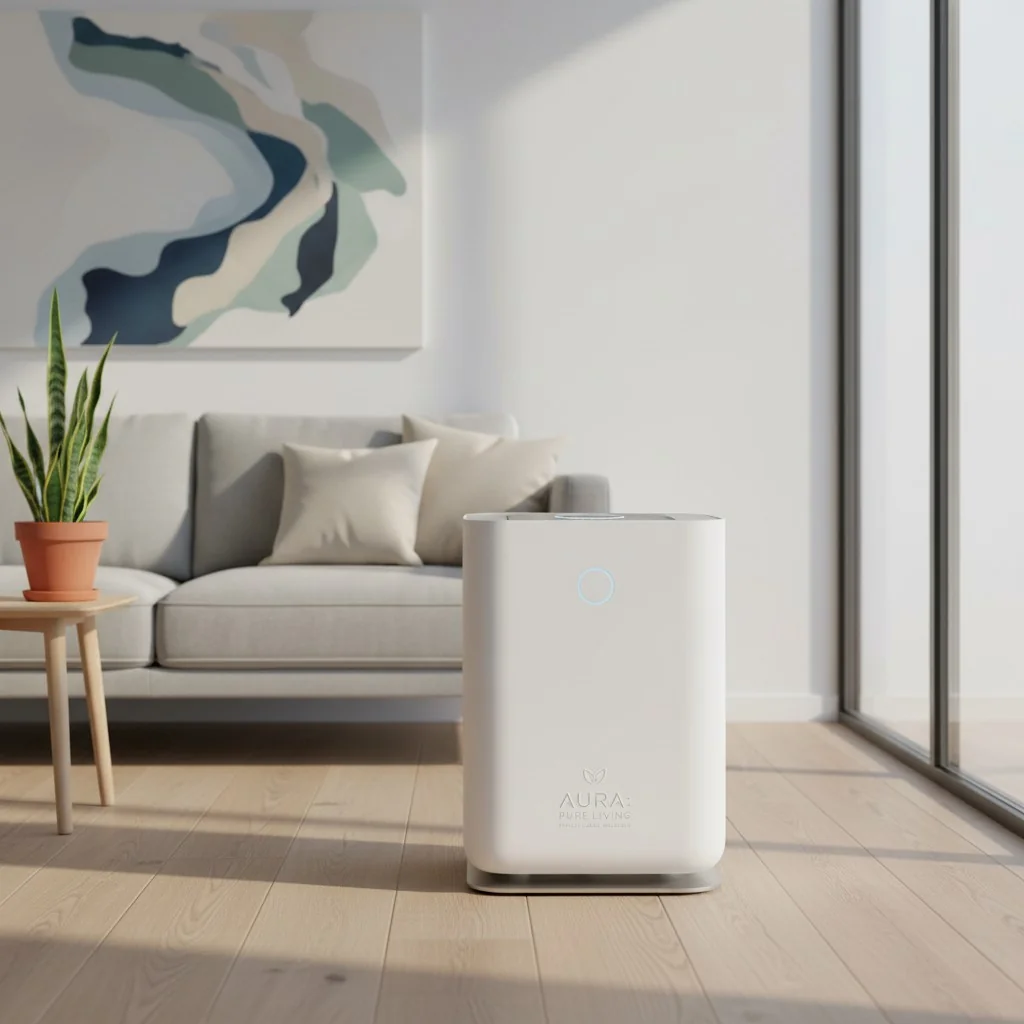 A modern and sleek air purifier in a minimalist living room setting
