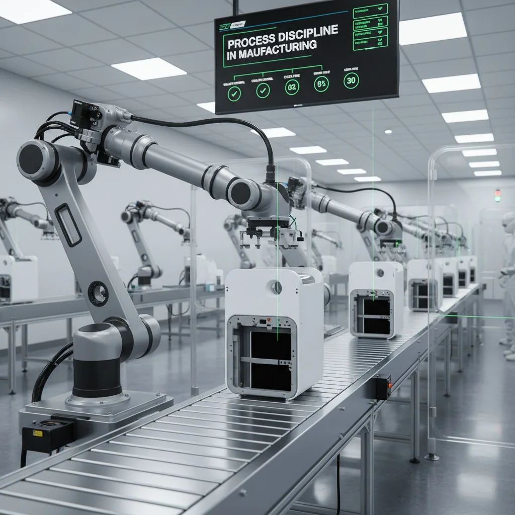 A robotic arm assembling an air purifier on a clean, automated factory line.
