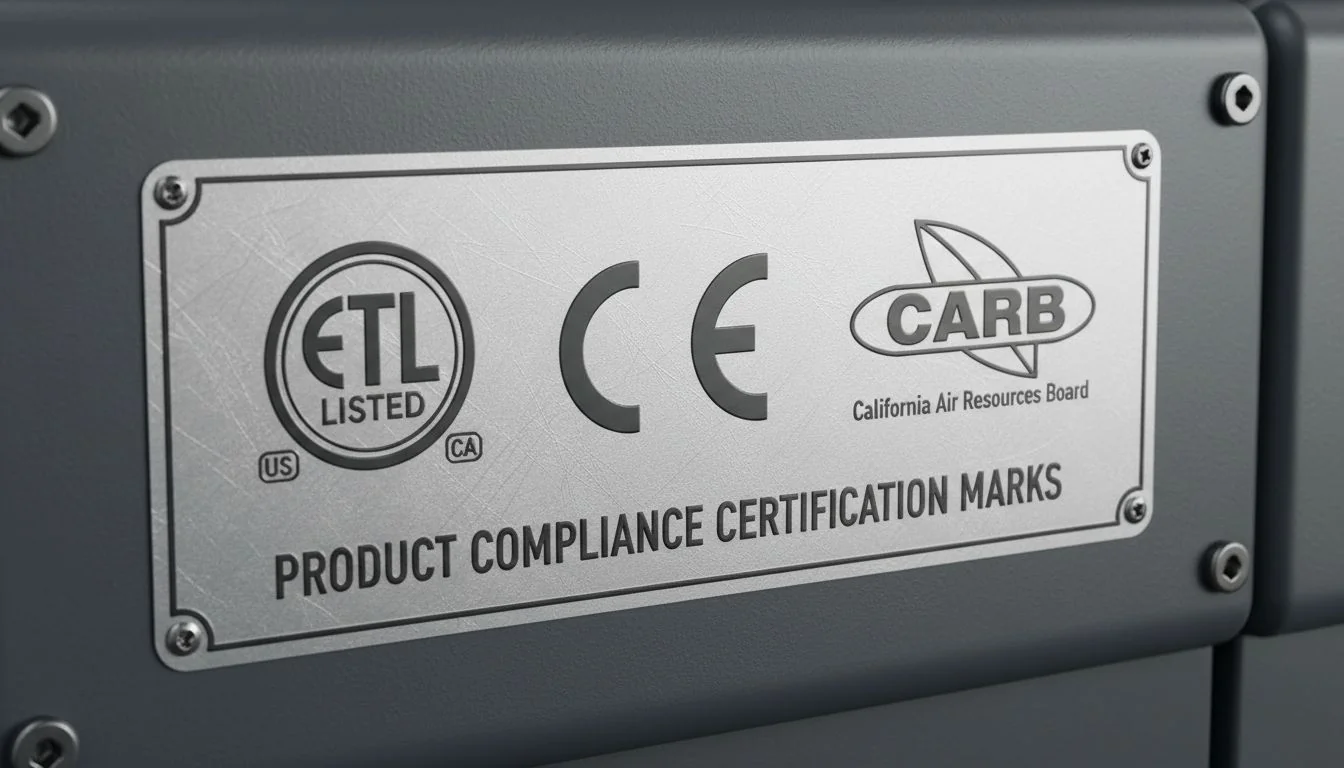 Product Compliance Certification Marks Close-up of a product label showing ETL, CE, and CARB certification marks