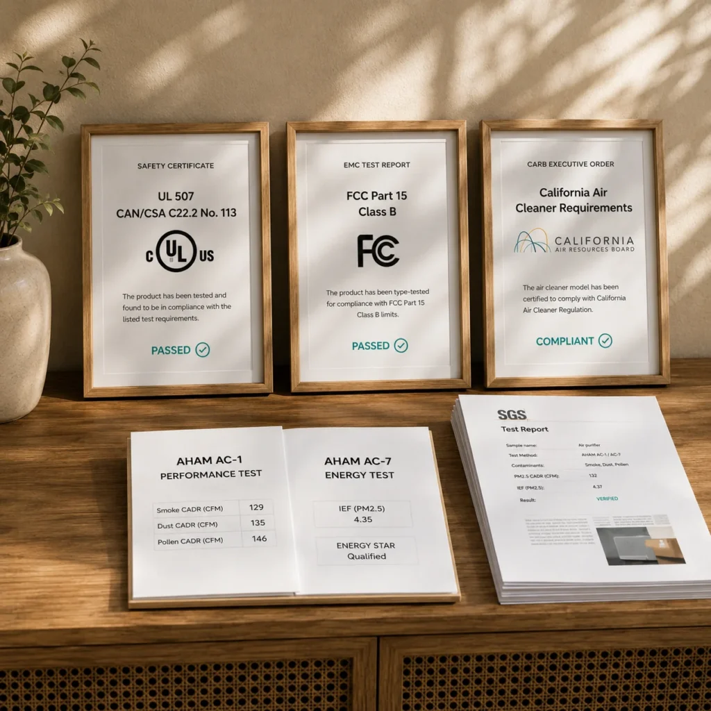 Several framed certificates and open reports showing product compliance with safety, EMC, CARB, AHAM, and other standards on a wooden table.