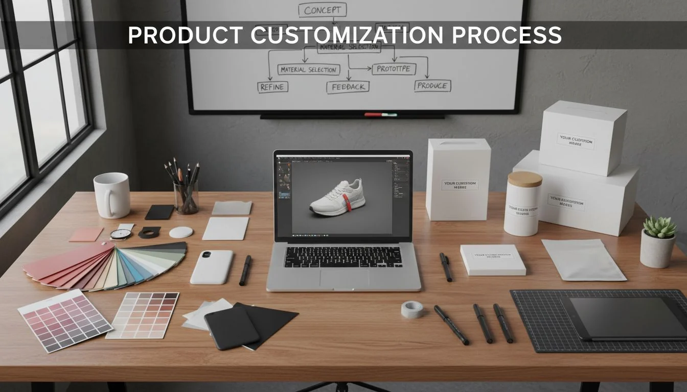 A designer's desk with color swatches, product samples, and packaging mockups.