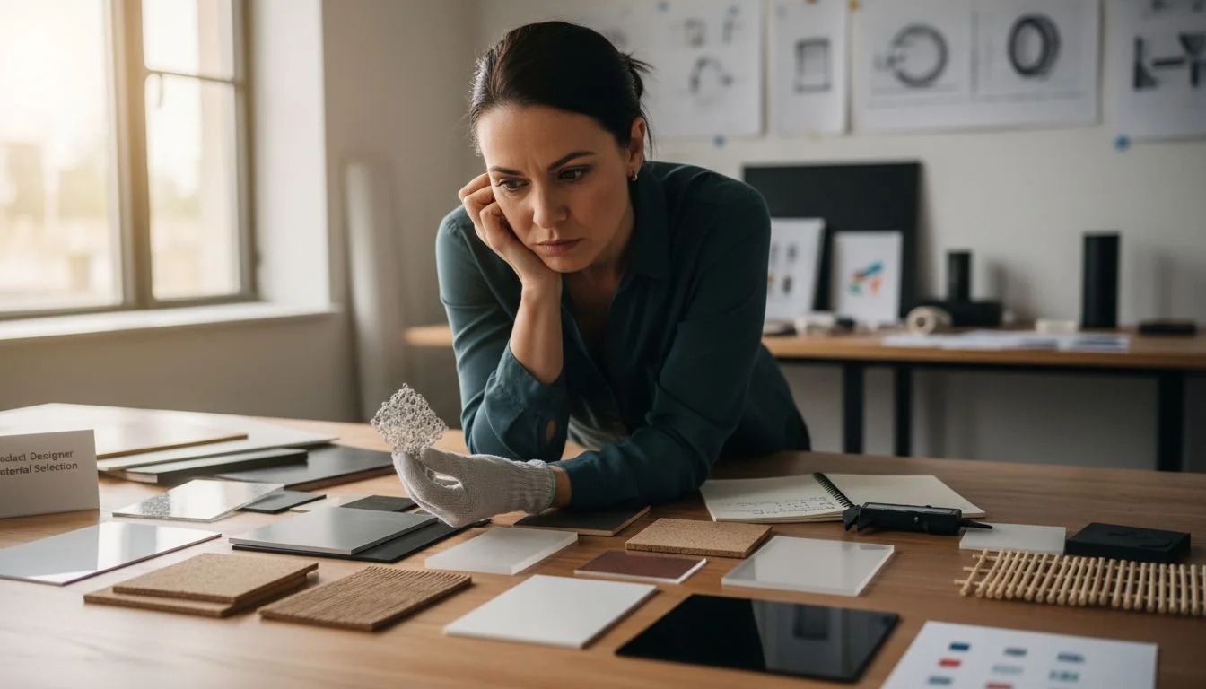 Product Designer Choosing Materials An engineer looking thoughtfully at material samples on a desk