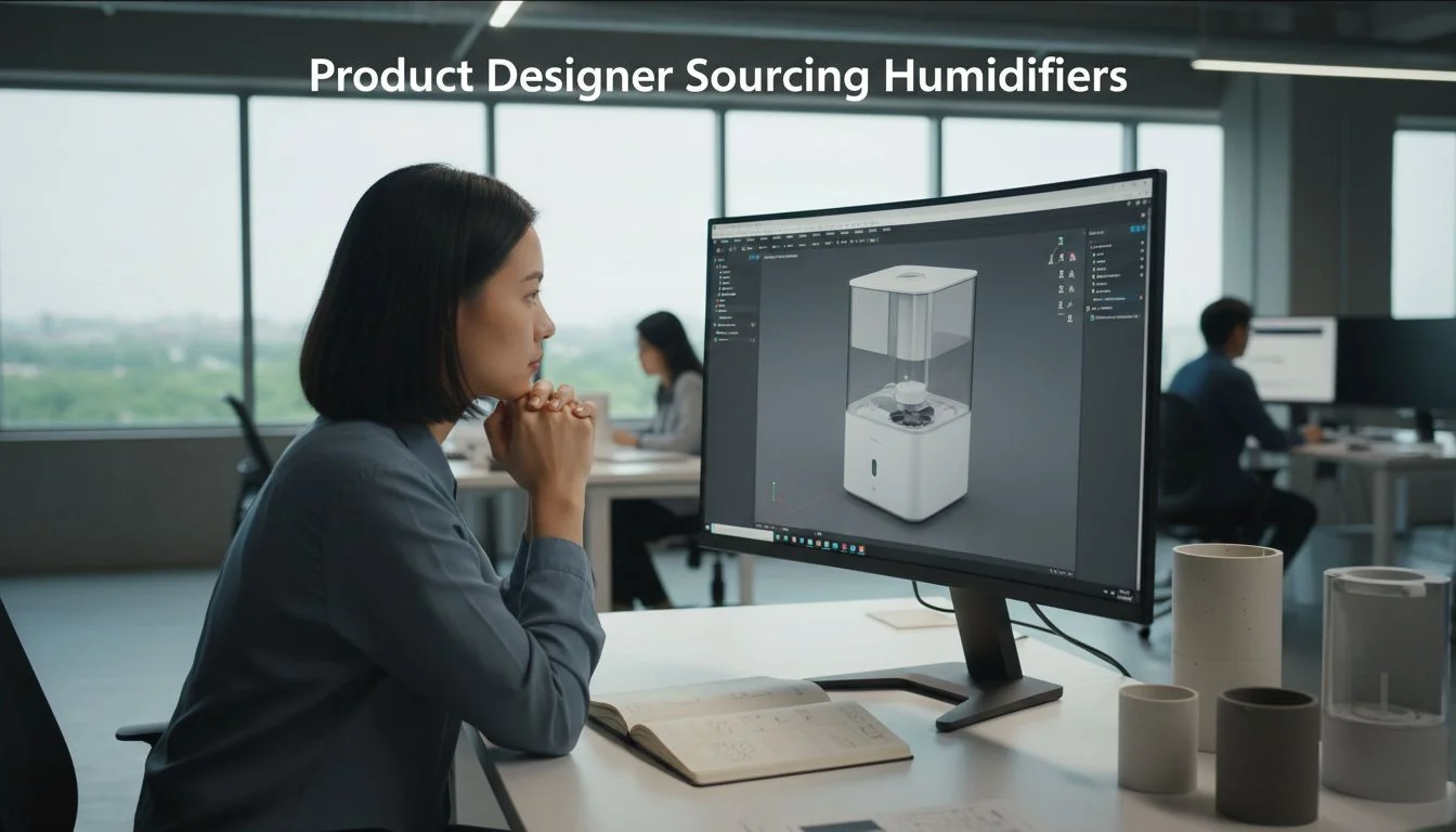 A designer looking thoughtfully at a CAD model of a humidifier on a computer screen.