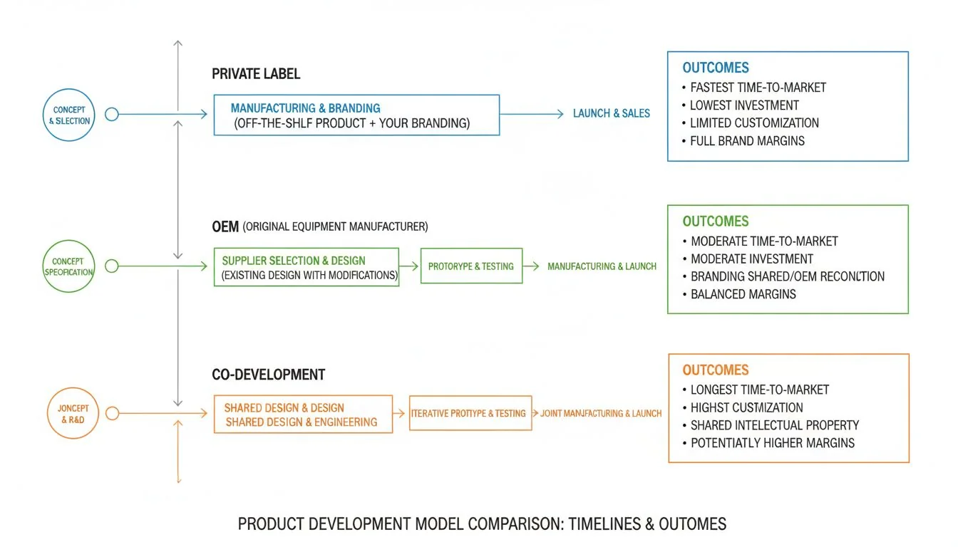 An infographic comparing the timelines and outcomes of Private Label, OEM, and Co-Development