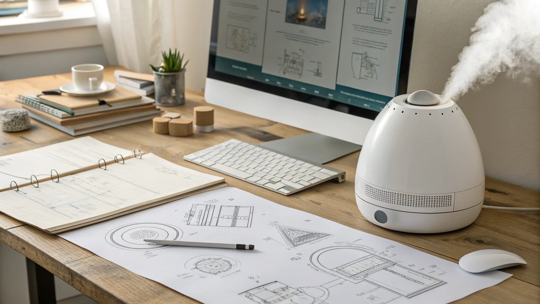 An engineer's desk with sketches, a 3D model on a computer, and a physical prototype of the humidifier.