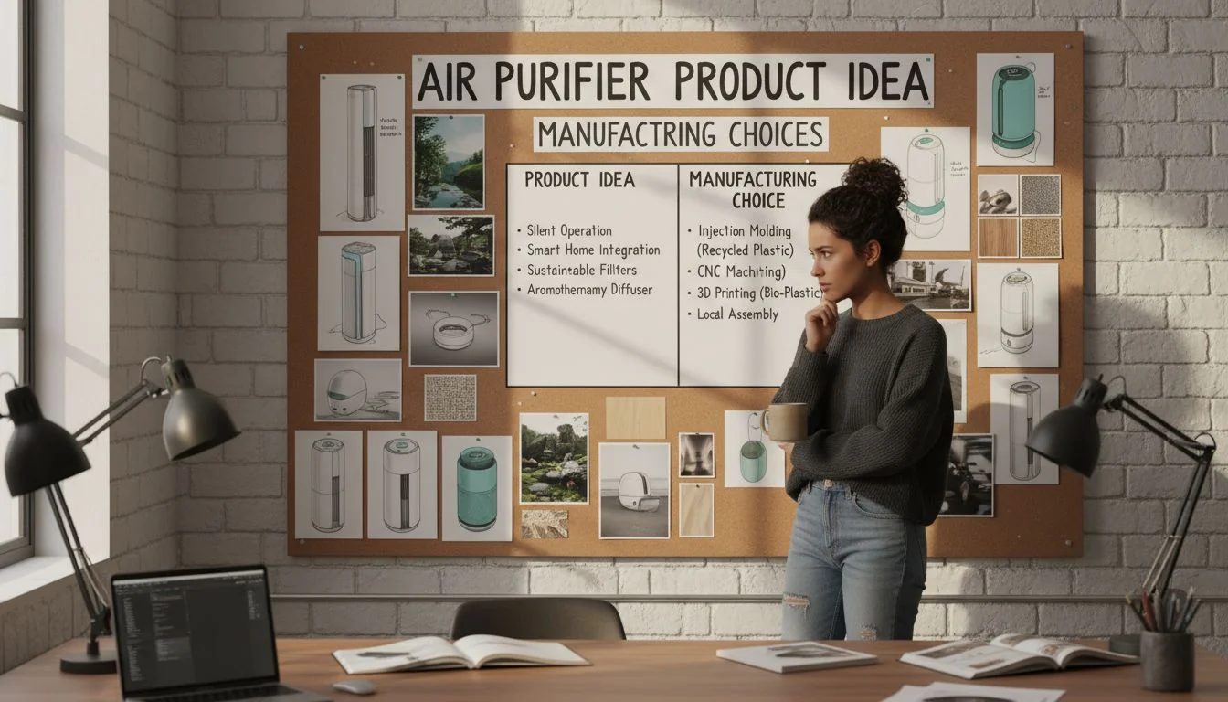 A designer looking thoughtfully at a mood board with sketches of air purifiers