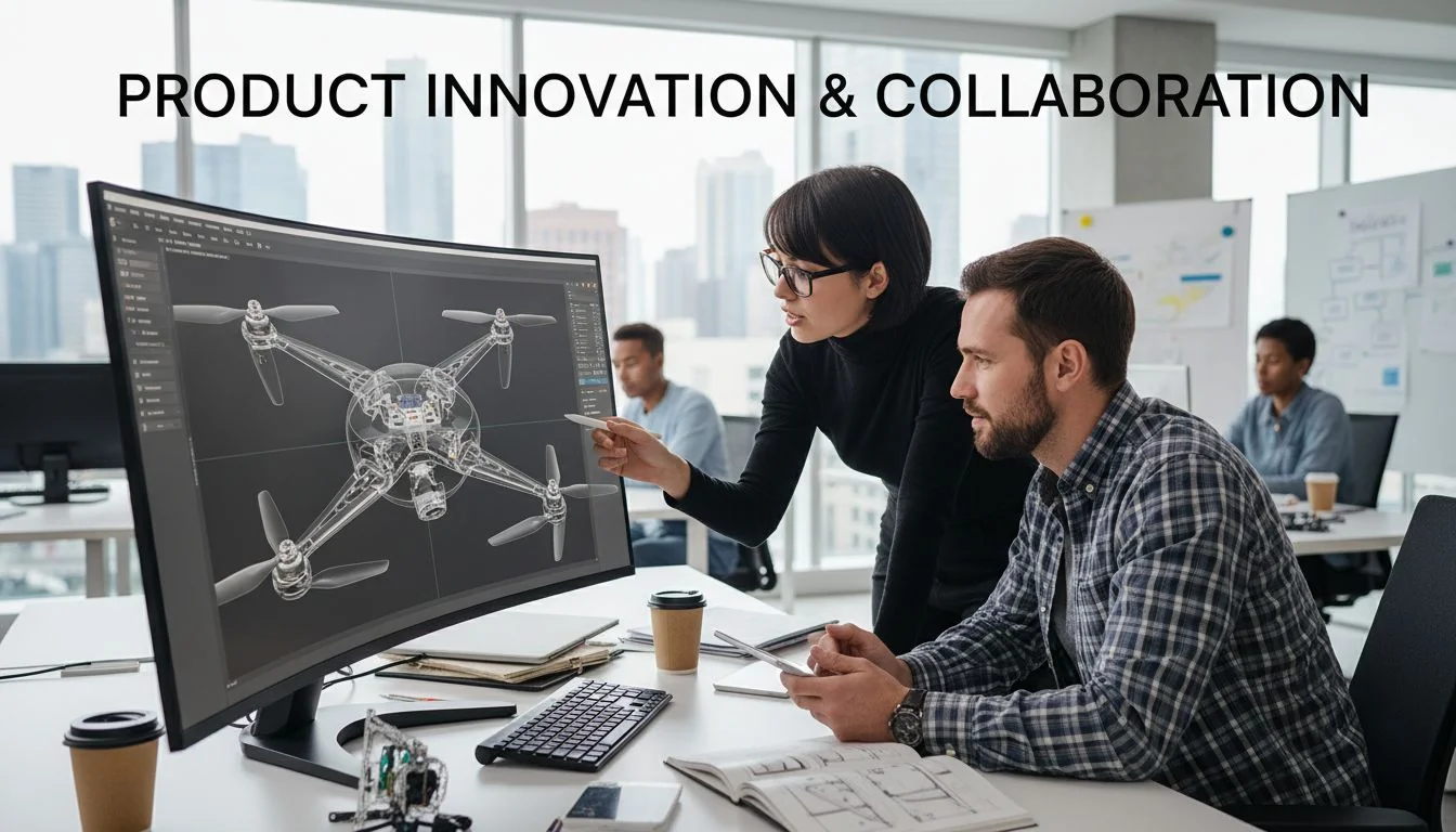 Product Innovation and Collaboration A designer and engineer collaborating over a 3D model on a computer