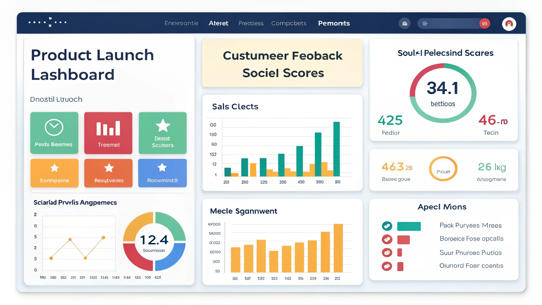 A dashboard showing sales charts, customer feedback scores, and social media engagement metrics.