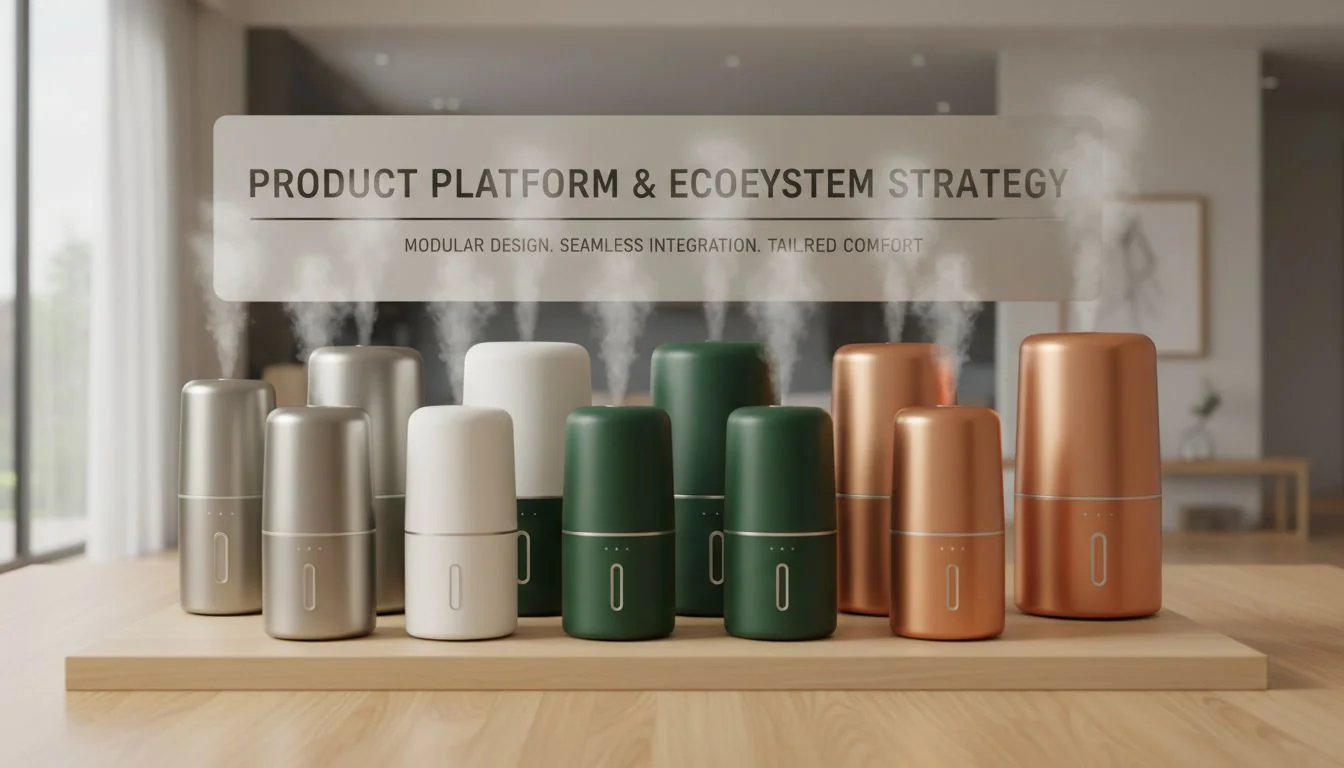 Product Platform and Ecosystem Strategy A product line-up showing the same humidifier design in three different sizes and four different colors/finishes.
