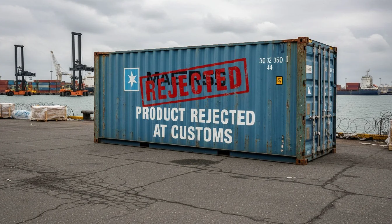 Product Rejected at Customs An image of a shipping container with a large red "REJECTED" stamp on it, at a port.