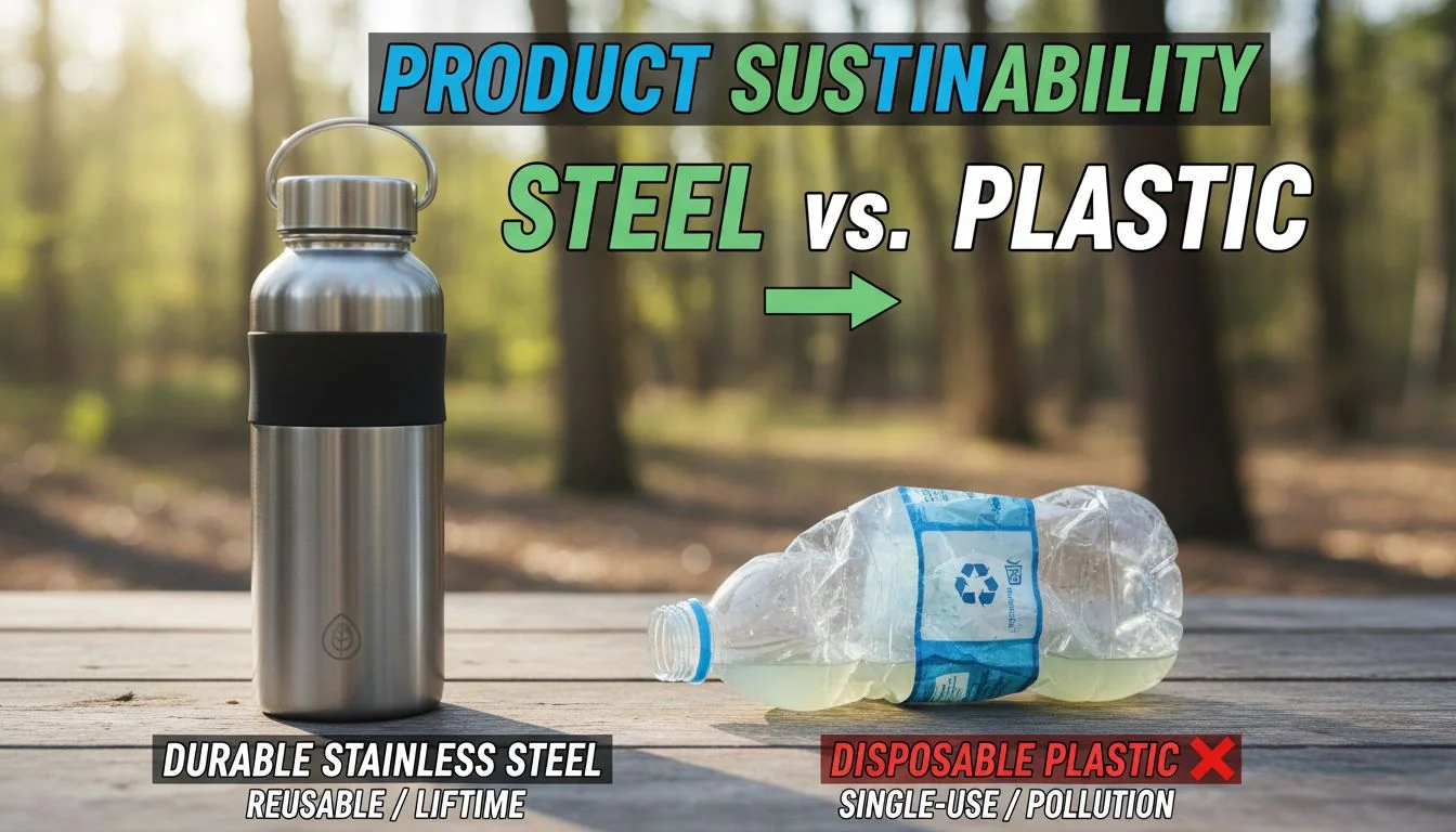 A side-by-side comparison of a durable stainless steel water bottle and a disposable plastic water bottle.