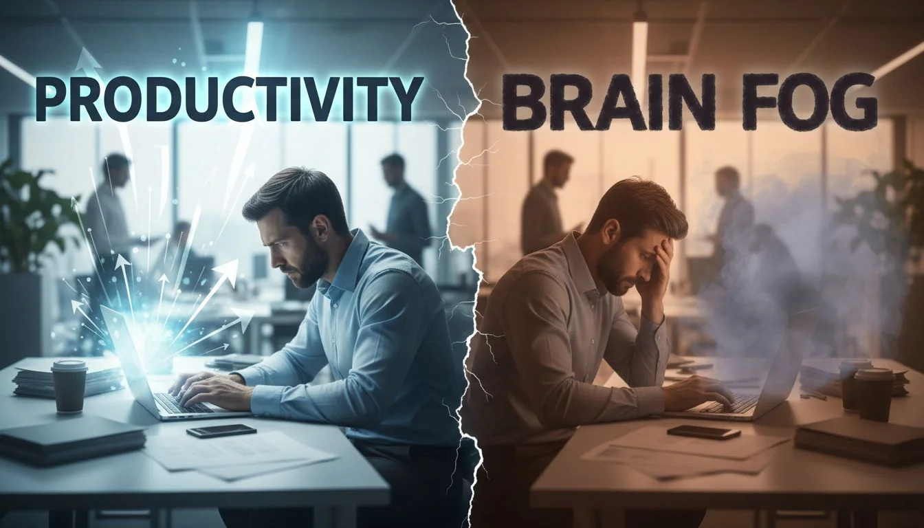 man working laptop energetic office setting