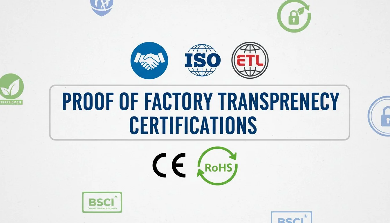 A collage of different certification logos like BSCI, ISO, ETL, CE, RoHS.