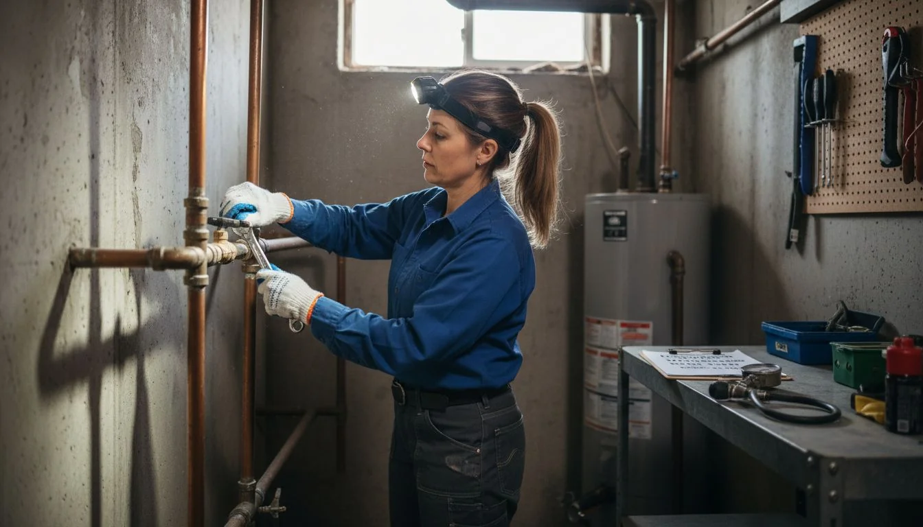 property manager checking water pipes