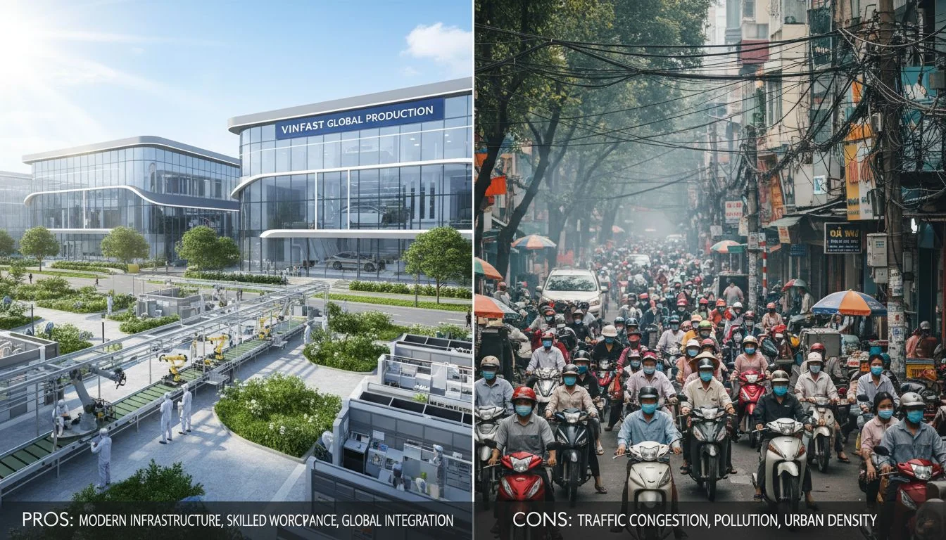 Pros and cons of Vietnam manufacturing A split image showing a modern factory on one side and a crowded road in Vietnam on the other