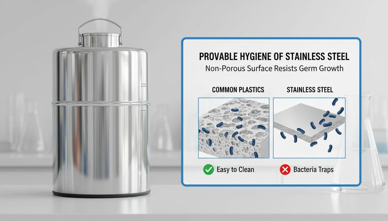 A gleaming stainless steel water tank for a humidifier, shown next to a diagram illustrating its non-porous surface.