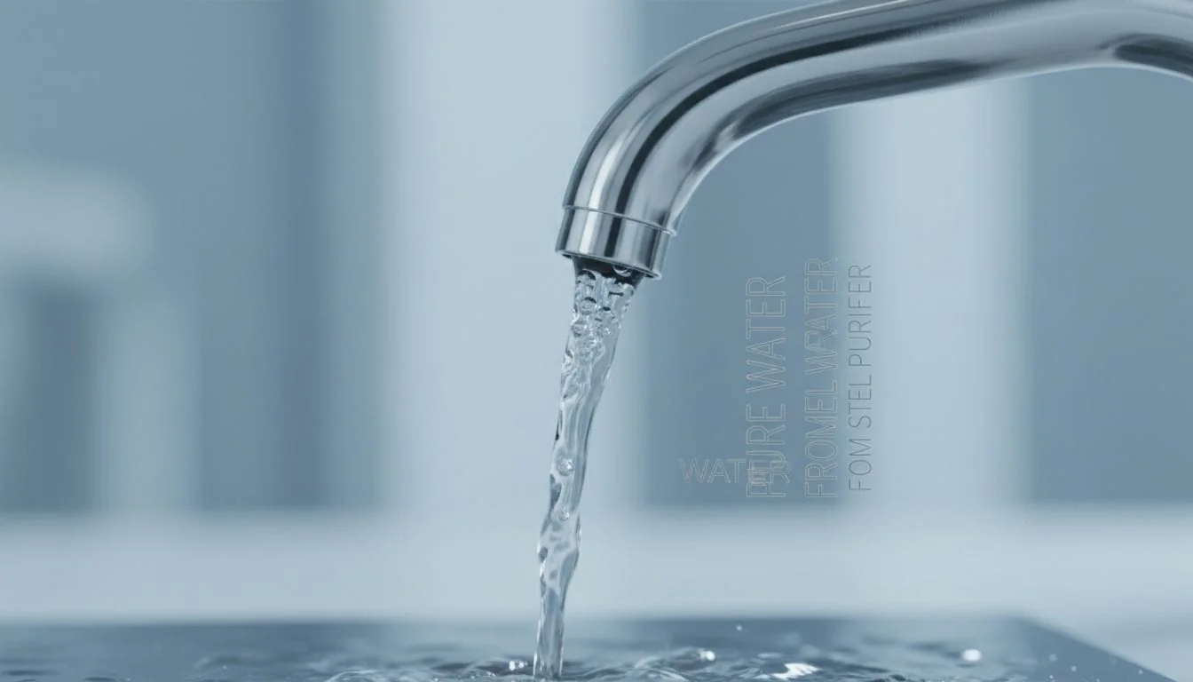 Pure Water from Steel Purifier Close-up shot of water pouring from a stainless steel purifier spout.