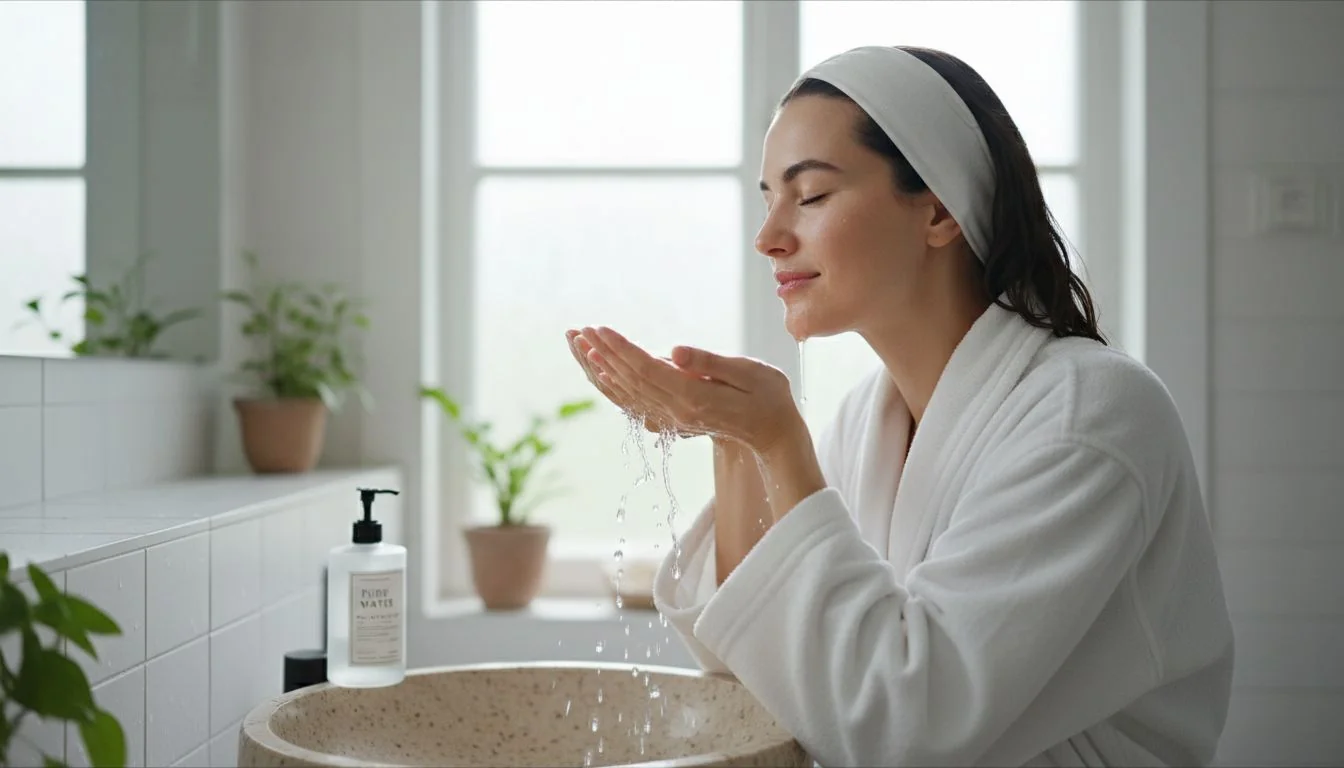 Pure Water Skincare woman washing face with clear water