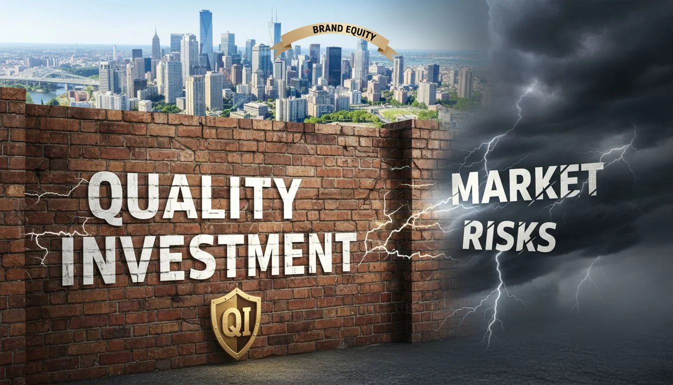Quality as a Protective Investment An image of a solid brick wall labeled "Quality Investment" protecting a thriving city labeled "Brand Equity" from a storm labeled "Market Risks".