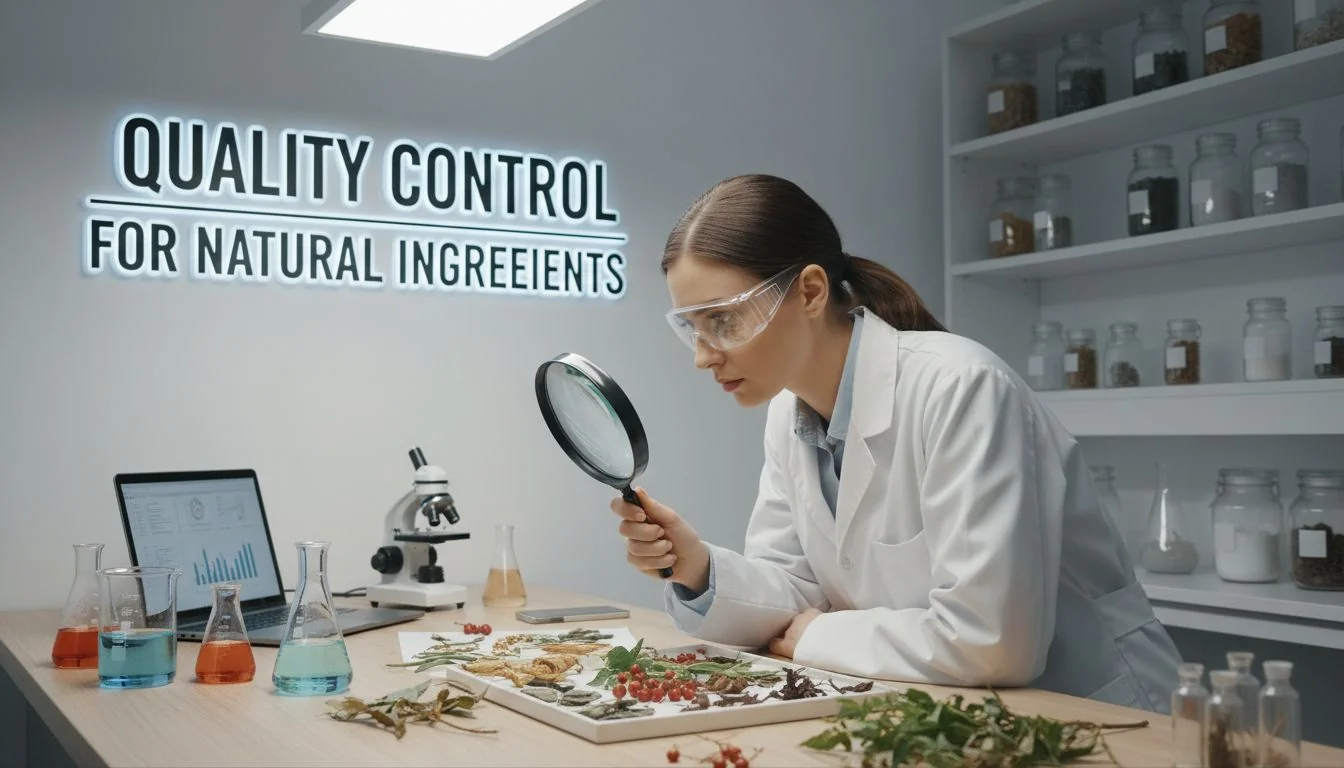 A scientist in a lab coat inspecting a plant specimen with a magnifying glass