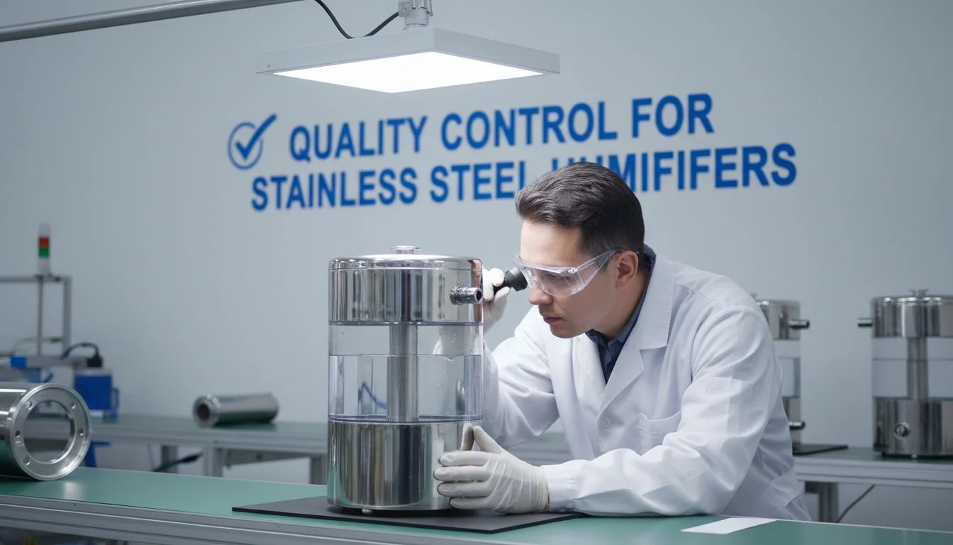 A quality control inspector examining a finished stainless steel humidifier under a bright light.