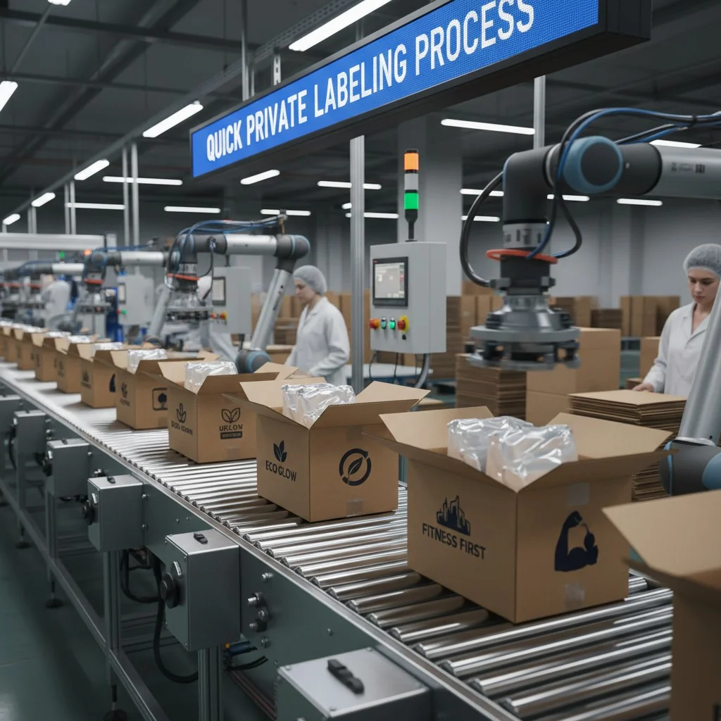 Boxes with custom logos being packed on a factory line