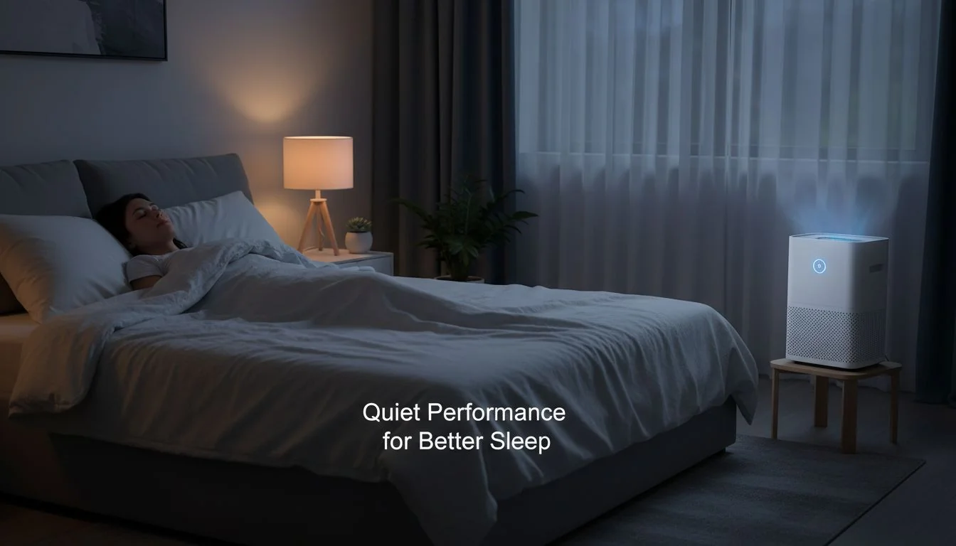 Quiet Performance for Better Sleep A person sleeping peacefully in a dimly lit bedroom with a quiet air purifier in the corner.