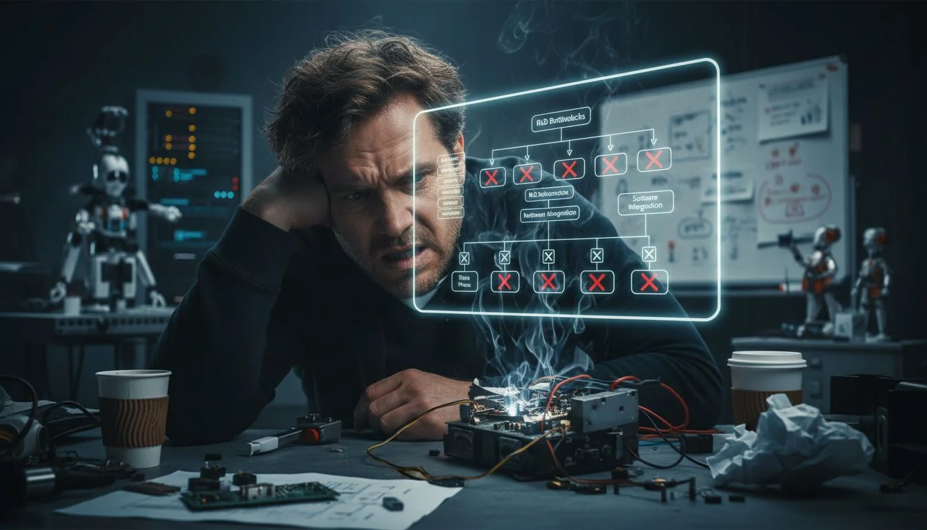 frustrated engineer looking at failed prototype