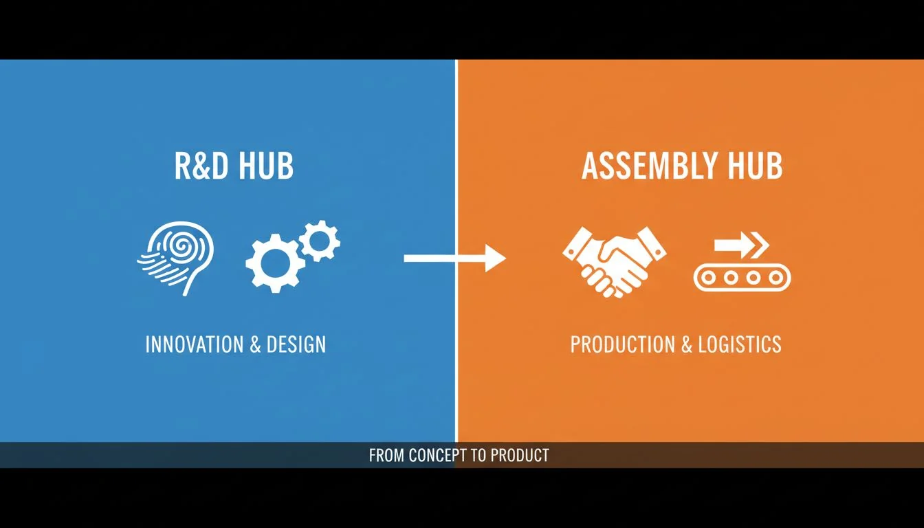 A side-by-side comparison graphic: "R&D Hub" with icons for brains and gears, vs. "Assembly Hub" with icons for hands and conveyor belts.