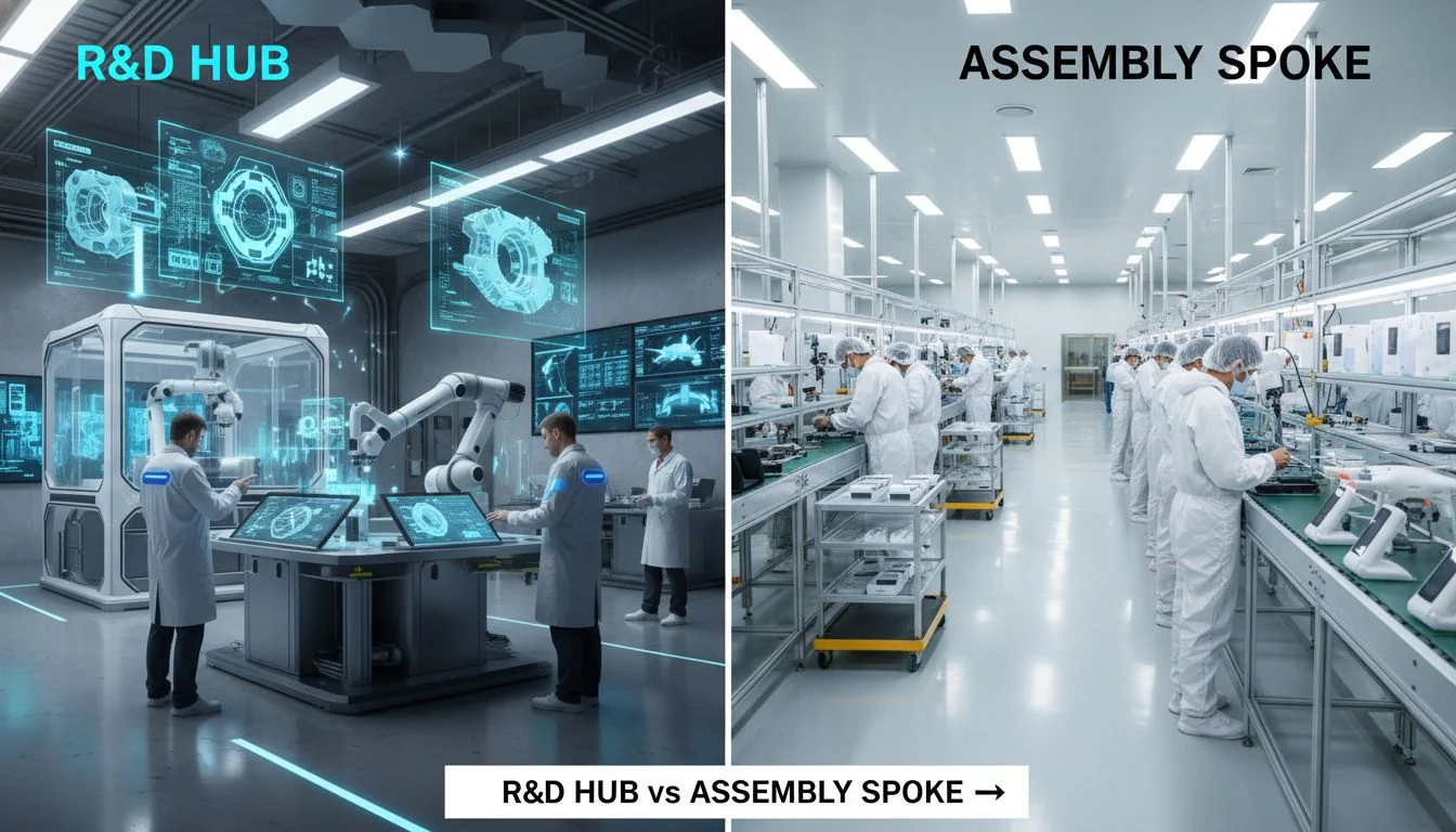 R&D Hub vs Assembly Spoke A split image showing a high-tech mold design lab on one side and a clean product assembly line on the other