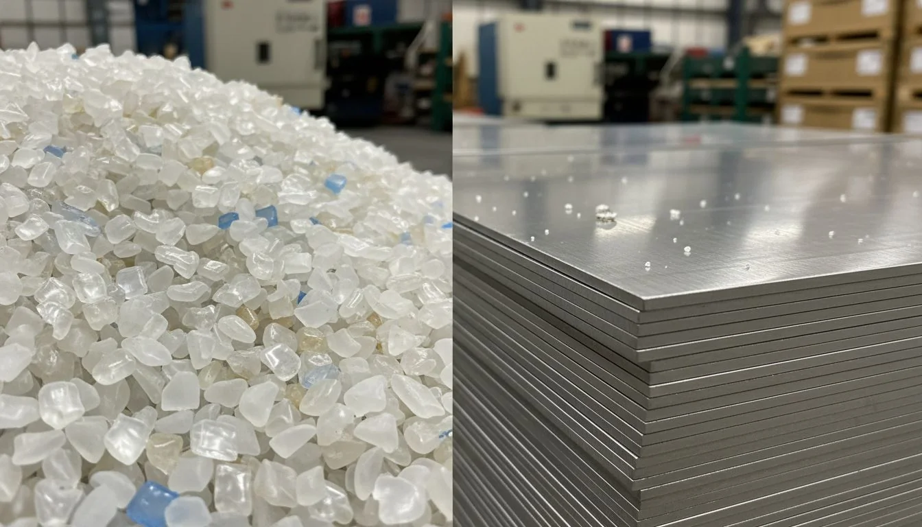 Close up of plastic granules and steel sheets