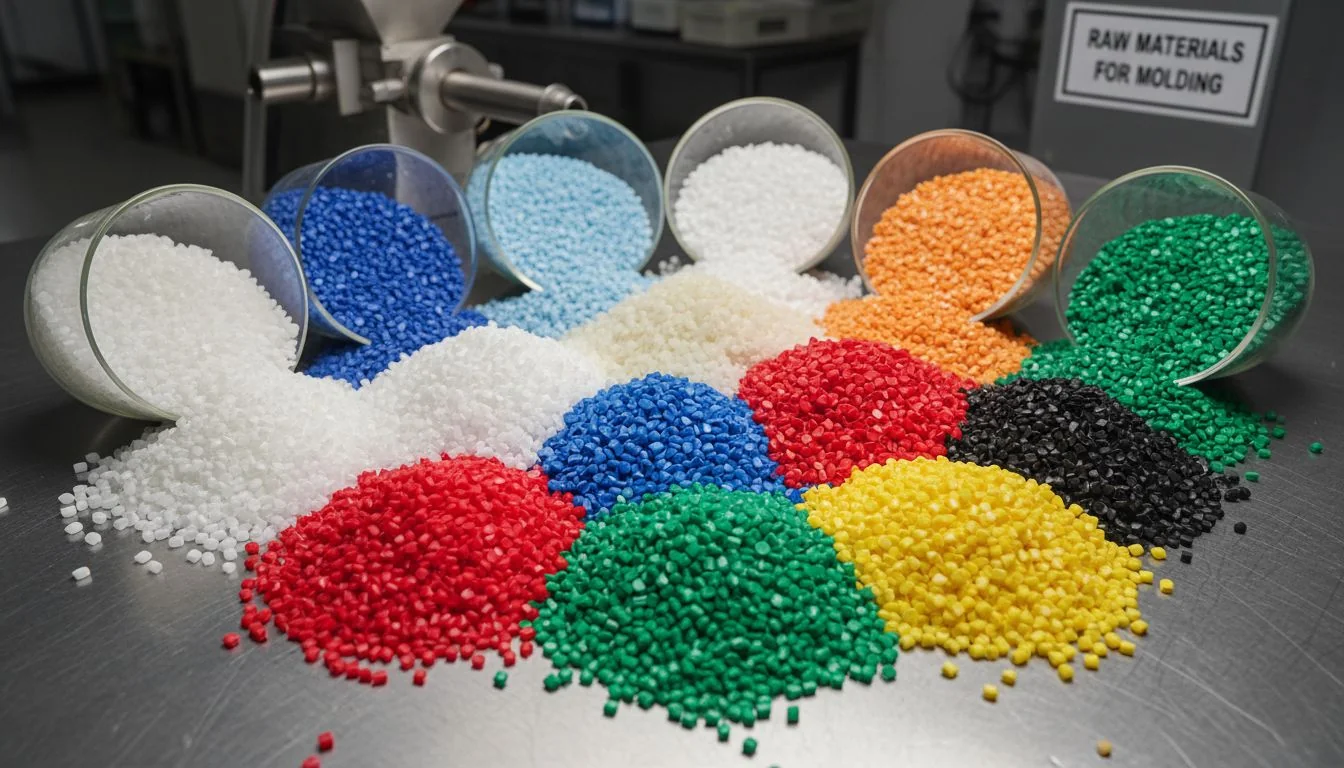 A close-up shot of various plastic resins in different colors.