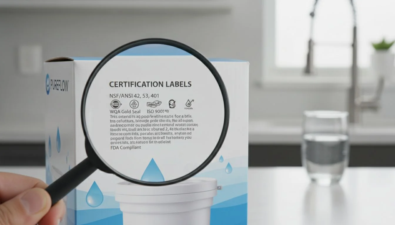 Reading Certification Labels magnifying glass over fine print on a water filter box