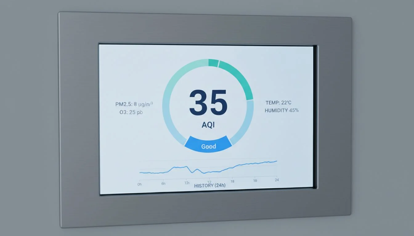 close up of digital display showing air quality index