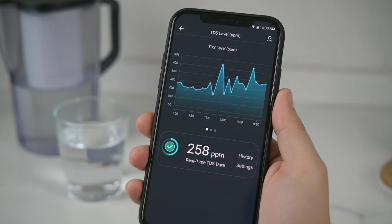 smartphone screen showing TDS water quality graph