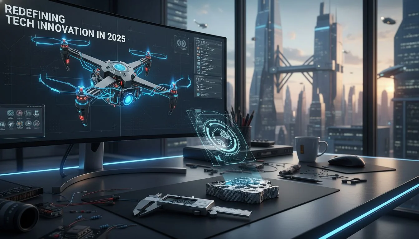 Redefining Tech Innovation in 2025 An engineer's desk with calipers, a material sample, and a CAD drawing on a screen.