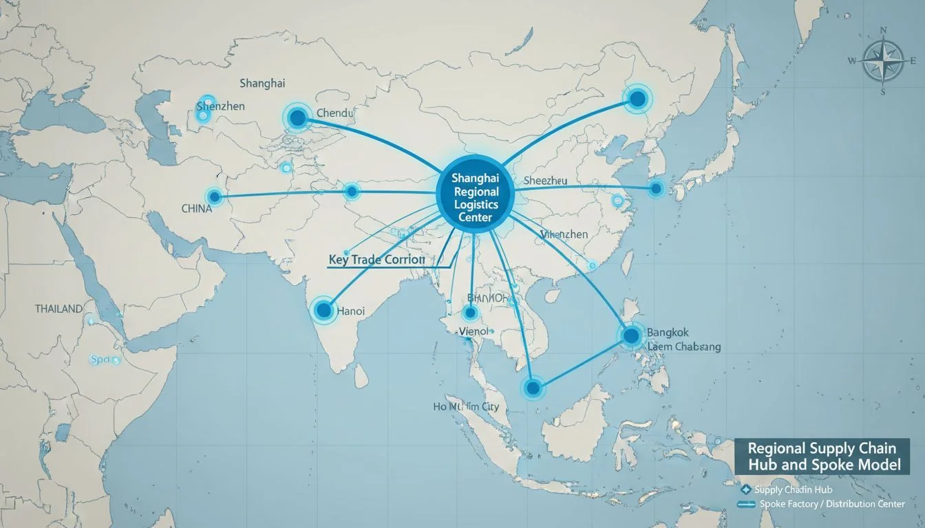 Regional Supply Chain Hub and Spoke Model A map showing interconnected supply chain hubs in China, Vietnam, and Thailand