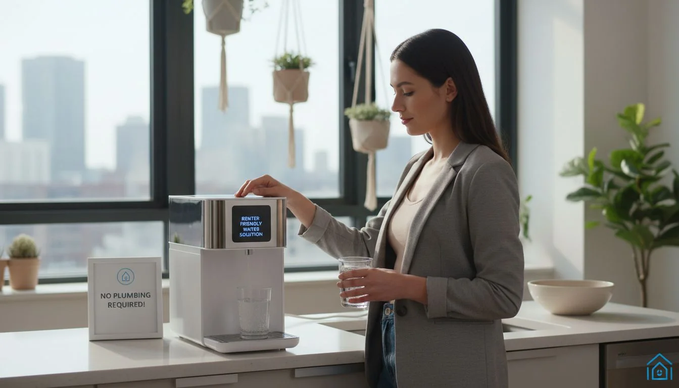 Renter Friendly Water Solution young professional using countertop purifier in apartment