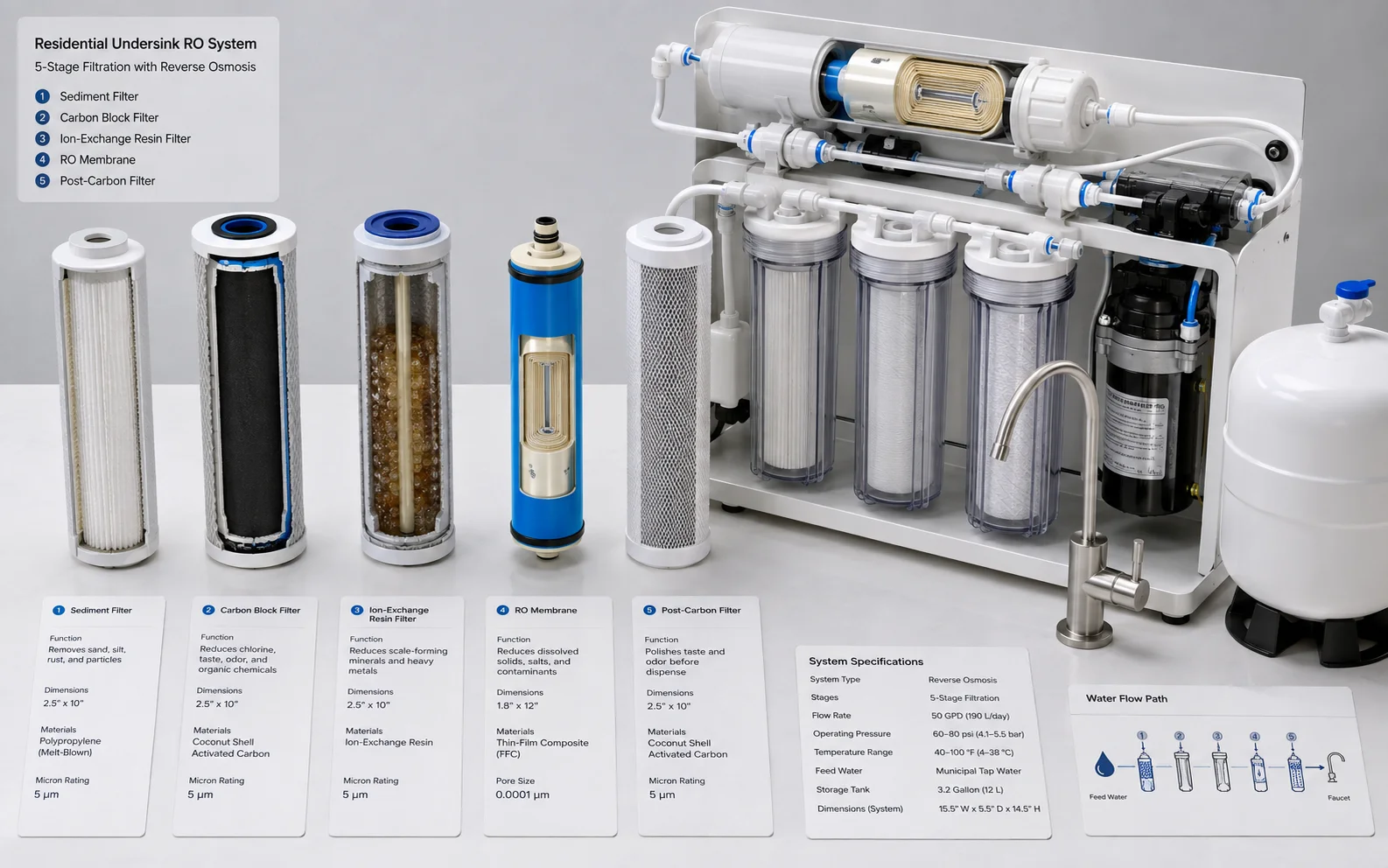 Activated carbon, ion exchange and reverse osmosis filtration components used in water purifier development