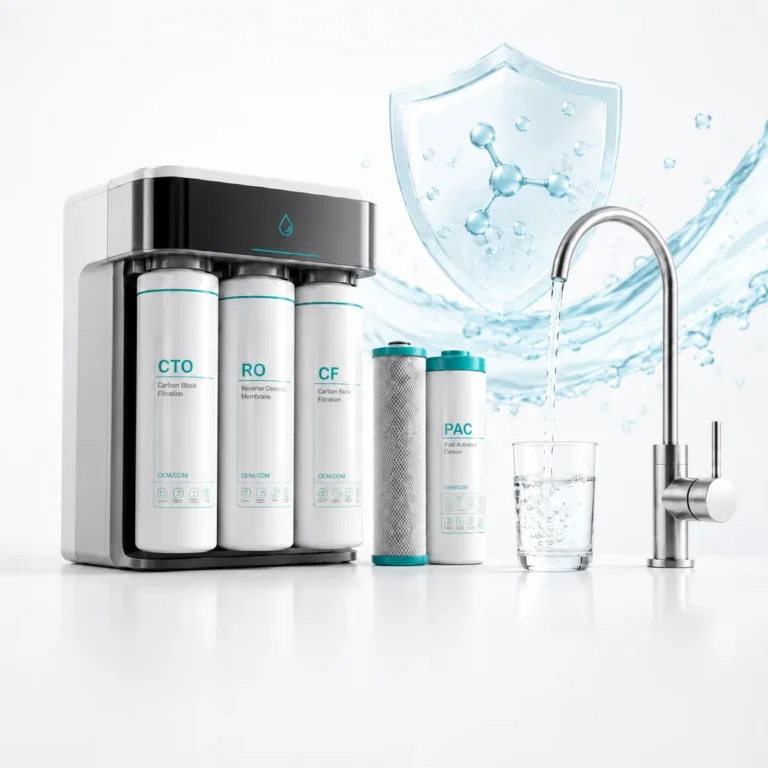 Modern reverse osmosis water filtration system with labeled cartridges next to a faucet pouring clear water into a glass, with a water shield graphic in the background.