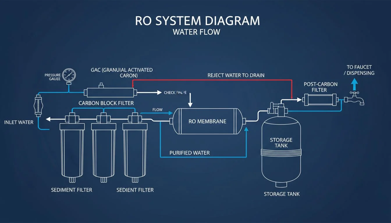 RO water purifier system diagram showing water flow