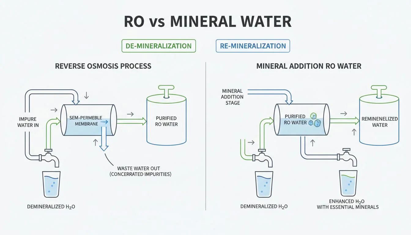 RO vs Mineral Water diagram showing reverse osmosis process versus mineral addition
