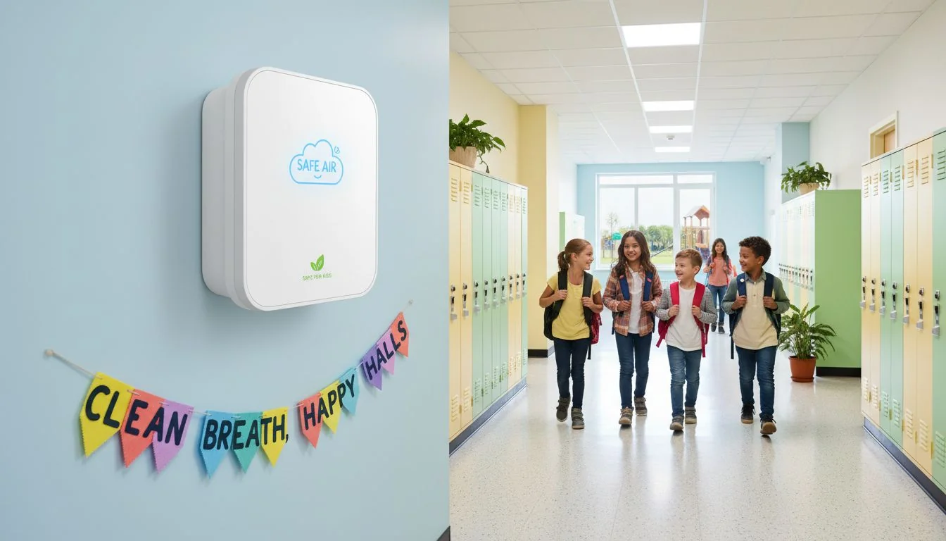 school hallway with wall mounted air purifier safe for kids