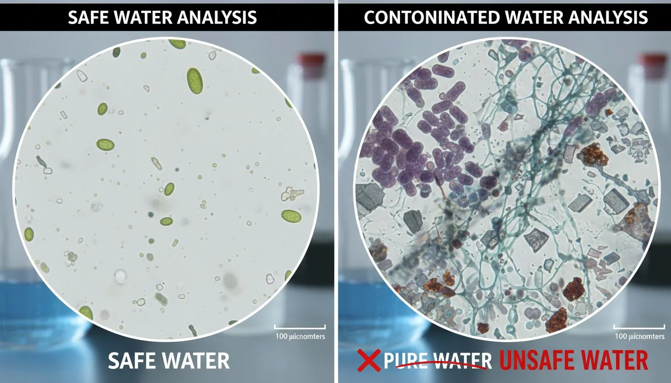 Safe vs Pure Water Analysis microscope view of water contaminants bacteria vs heavy metals