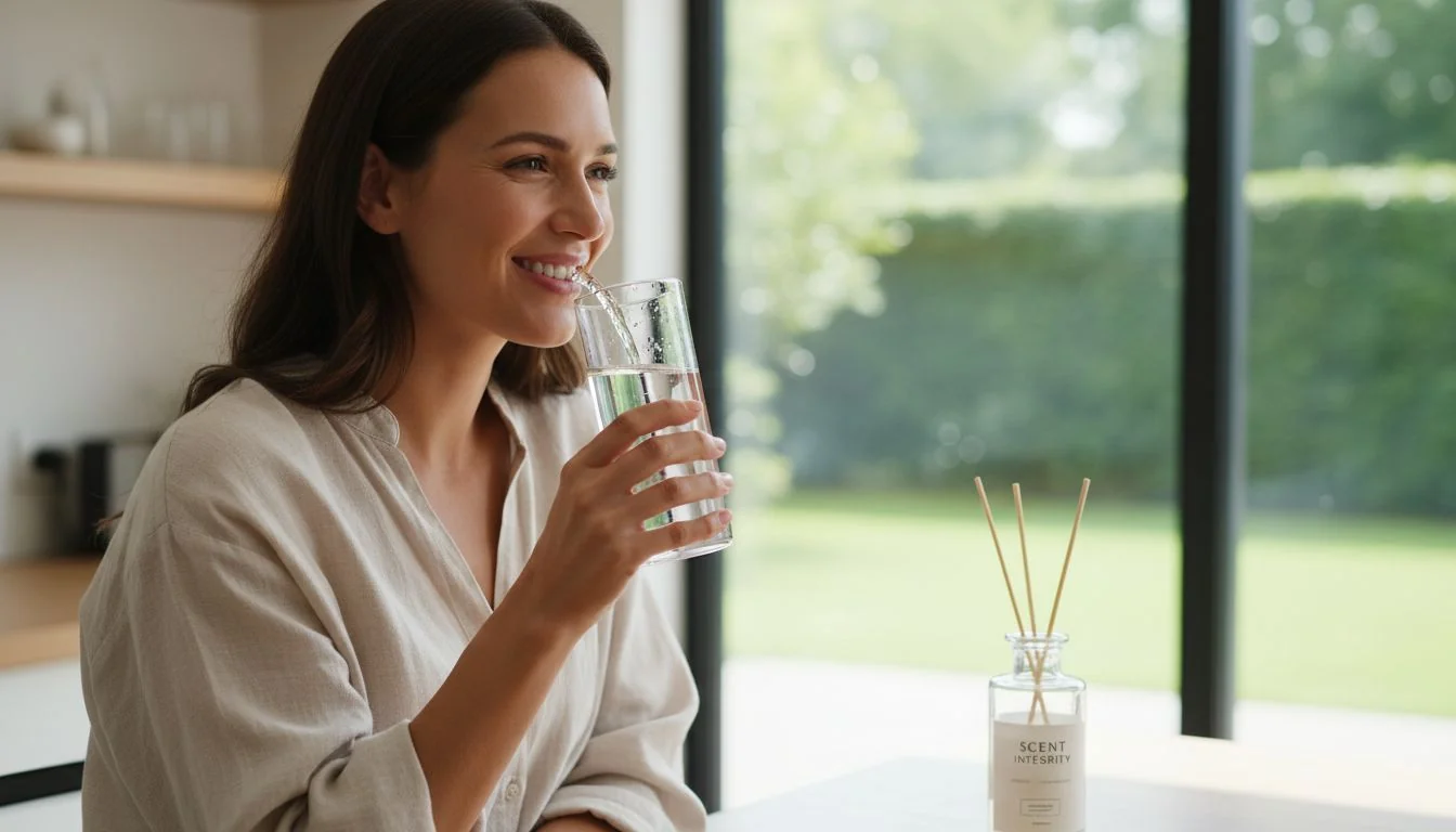 Scent Integrity happy woman drinking water from glass