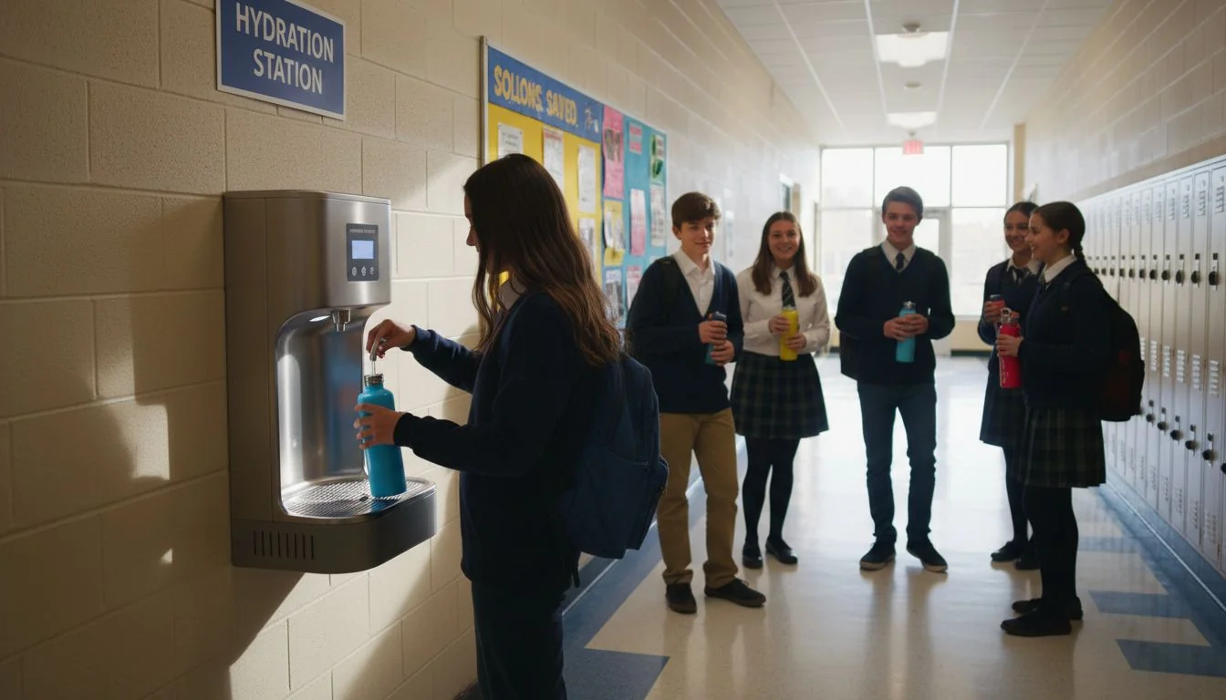 School hallway bottle filling station