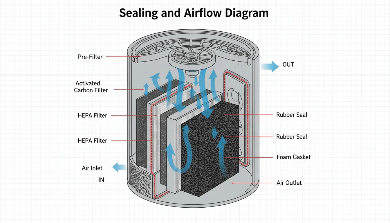 cross section of air purifier showing airflow and seals