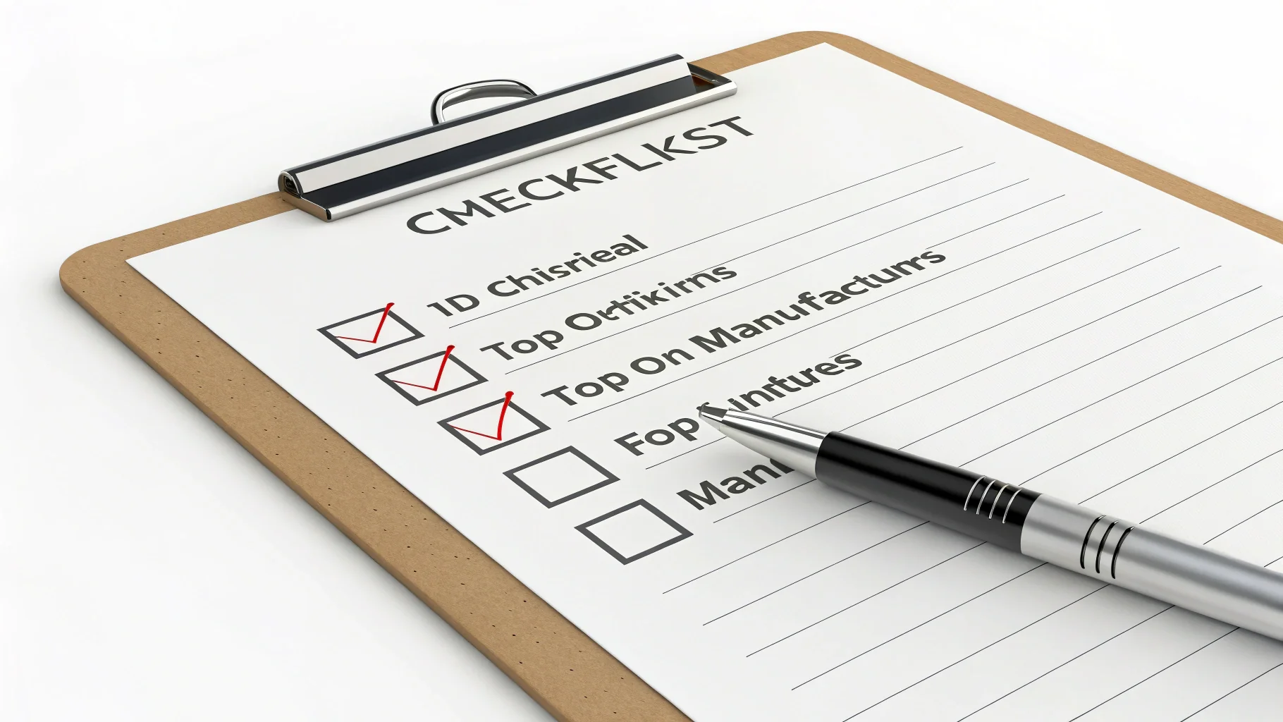 A checklist on a clipboard with a pen