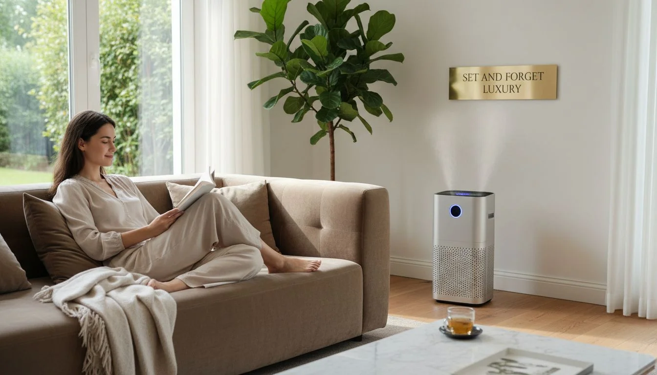 Set and Forget Luxury user relaxing on sofa while air purifier works in background